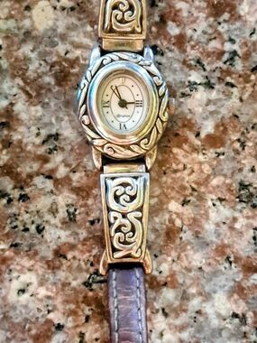 Brighton Silver-Tone Ornate Watch with Brown Leather Strap.